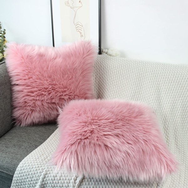 Blush Pink kuddfodral paket med 2 fluffiga mjuka fuskpäls fyrkantiga örngott, dekorativa fuzzy kuddfodral case 40 cm x 40 cm för bäddsoffa vardagsrum