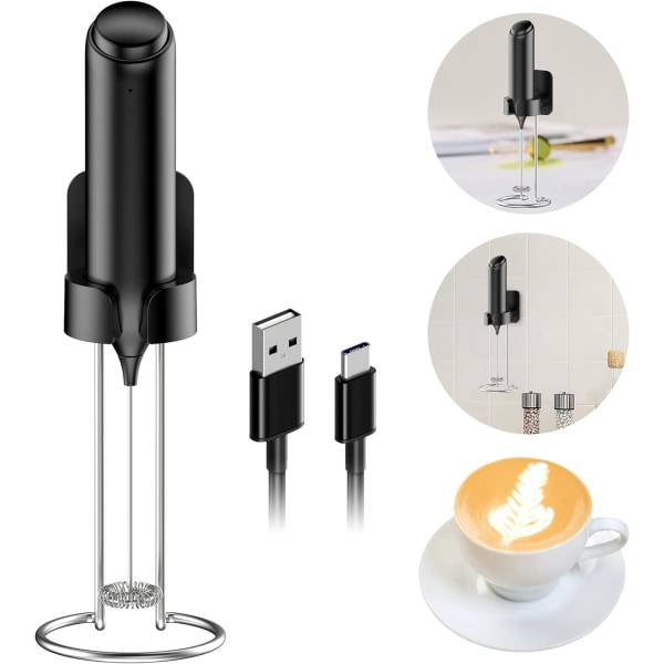 Elektrisk mjölkskummare, laddningsbar USB-C mjölkskummare med rostfritt stålställ Automatisk mjölkskummare Väggmonterad stav för kaffe, latte