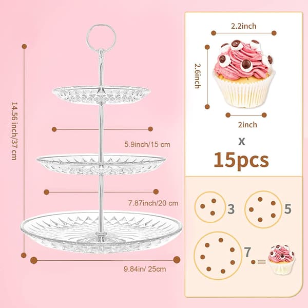 3-lags kageopsats, rund sølv cupcake-displaystander, klare akryl dessertfrugtfade
