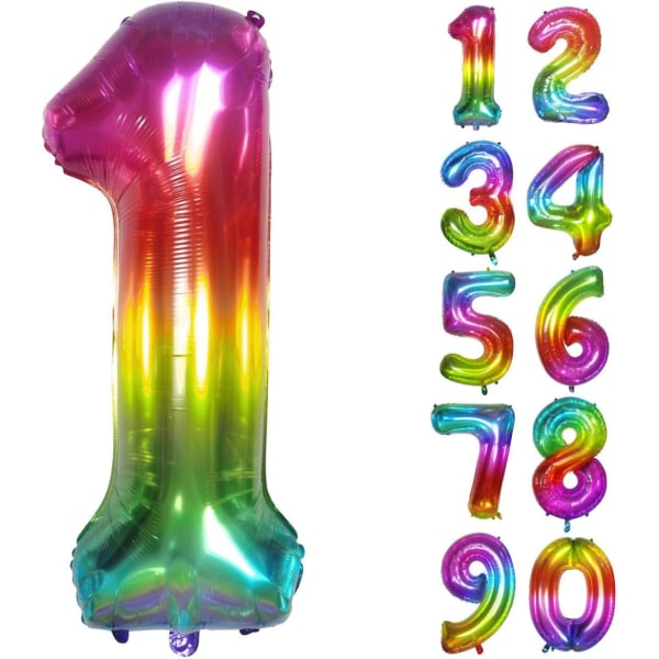 Födelsedagsballong 40 tum stort antal ballonger, regnbåge nummer 1 ballong för födelsedagsdekorationer (nummer 1)