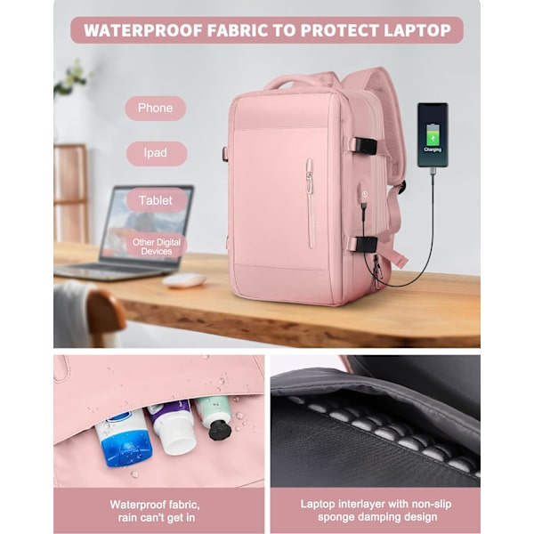 Stor Resebackpack för Laptop för Kvinnor, Handbagage Godkänd av Flygbolag, Utbyggbar Arbetsryggsäck, Personligt Föremål med Laptop pink