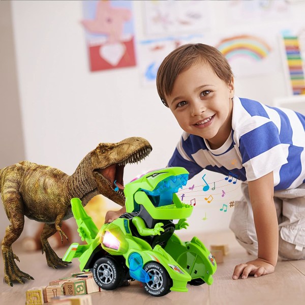 Transformerande dinosauriebil leksaker, transformerande dinosaurie LED-bil med ljus och musik