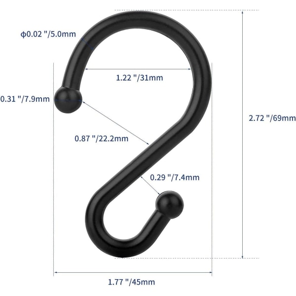 Metall Duschdraperikrokar, Set med 12 Ringar, Rostfria S-formade Krokar Hängare (Svart)
