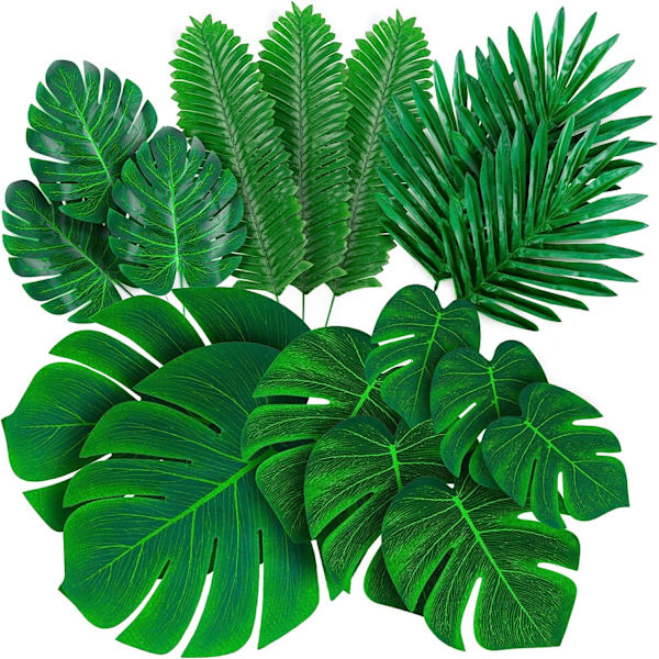 Palmeblader Kunstig Tropisk Monstera - 84 stk 6 typer Store Små Grønne Falske Palmeblader med Stilker til Hawaiiansk Bryllup