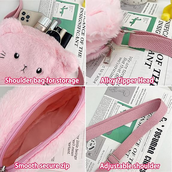 Lille Plys Taske til Piger, Mini Prinsesse Håndtasker, Kat Skuldertaske til Piger, Pink Justerbar Skuldertaske, Messenger Taske, 19x15x5cm