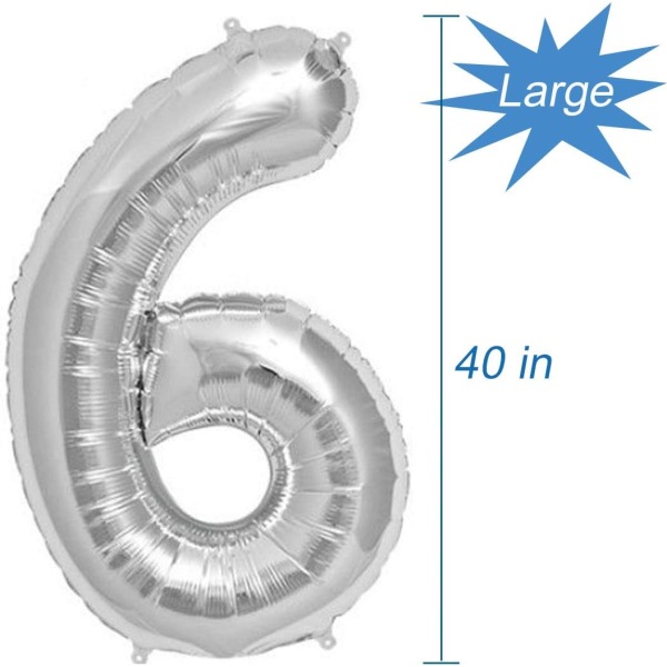 Hopeinen numero 6 -ilmapallo, 6. syntymäpäiväjuhlan foliomylar-ilmapallot, 40 tuumaa