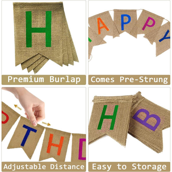 Glædelig fødselsdag Burlap Banner Farverig Bunting Banner Garland Flag til fødselsdagsfest Dekorationer Rustik fødselsdagsskilt