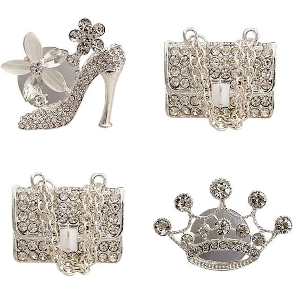 Krystallhøyhælte sko og magisk veske og krystallkrone Billadapterklips Charm glitrende bedazzled rhinestone (Sølv - 4 stk)
