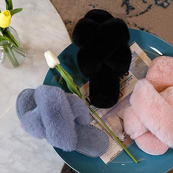 Damtofflor Varma Plyschtofflor Tofflor Päls Slide Sandal Öppen Tå Hemskor
