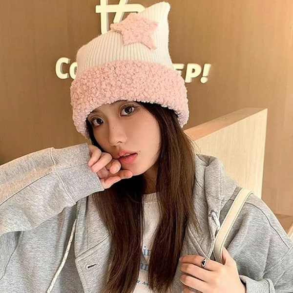 Kattmössa Y2k Beanie Stjärnlapp Stickad Hatt Y2k Tillbehör Kawaii Koreansk Gyaru Kläder pink