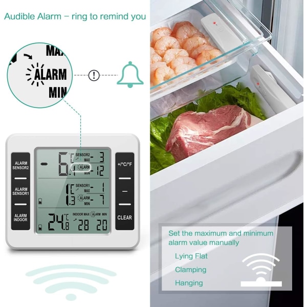 Kyltermometer, digital frystermometer med inomhustemperaturövervakning och 2 trådlösa sensorer