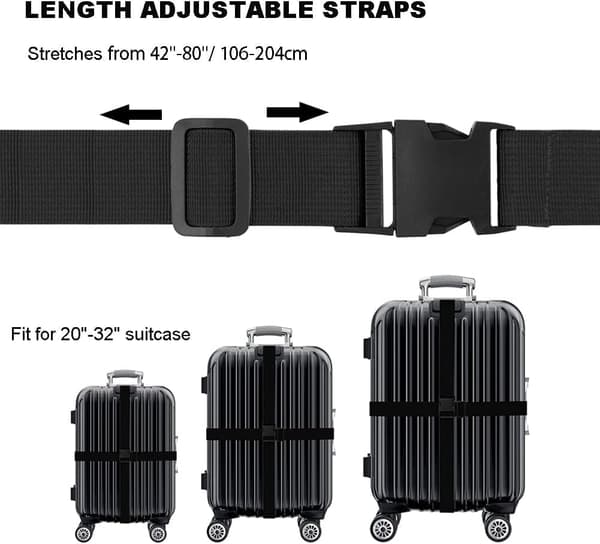 Sorte bagagestropper til kuffert, 4 stk., kraftige justerbare kuffertstropper med spænde til rejsetaske, 3,8x200 cm