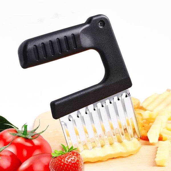 Crinkle Chip Cutter, Potatishuggare med handtag, Pommes Frites Cutter, Rostfritt stål Wave Cutter, Grönsakshackare, Fruktskärare