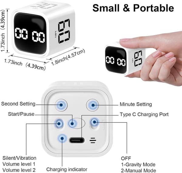 Tyngdekraftsensor Flip Cube Timer, Kjøkkentimer for matlaging, Stille Studietimer, Digital Nedtellingstimer for Barn, Trening (Hvit)
