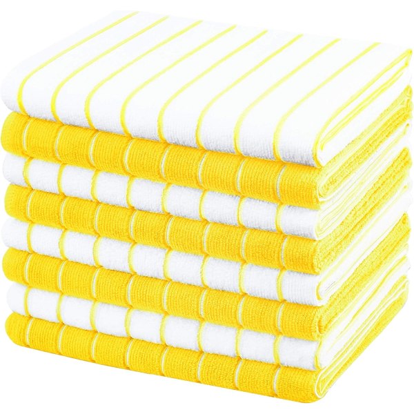 Mikrofiber kökshanddukar - förpackning om 8 (randdesignade gula och vita färger) - Mjuk, superabsorberande, 45 x 65 cm