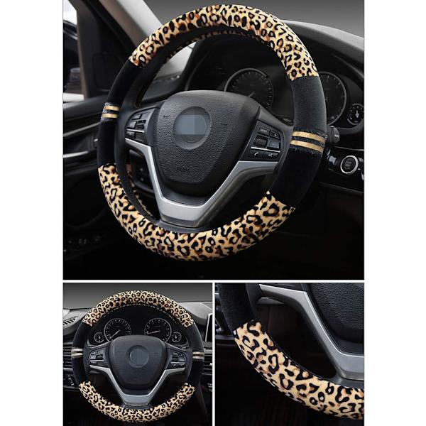 Plysj bilrattdeksel, Universal bilrattbeskytter for bil/lastebil/SUV/varebil Diameter 38cm Leopardmønster Gult