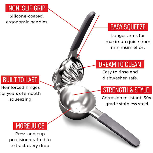 Citronpresser i rustfrit stål - Ergonomisk, manuelt design med skridsikkert greb - Ubesværet håndholdt juicer