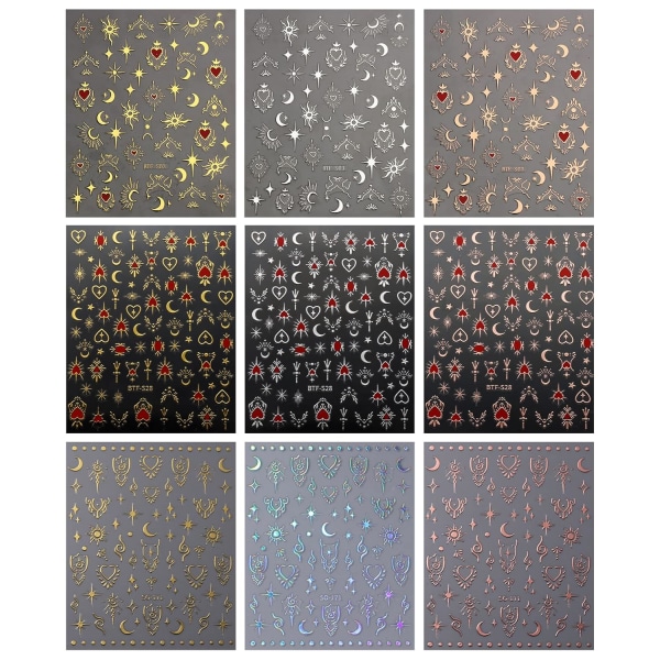 9 ark Moon Star Nail Art Stickers Dekaler Självhäftande Pegatinas Uñas Sun Nail Supplies Nail Art Design Dekoration Tillbehör