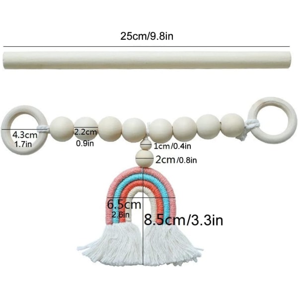 Håndvævede regnbue-kvast og gardinstangsholder i træ