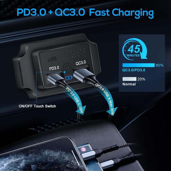 RV USB-uttak, QC3.0 USB A & PD3.0 USB C-porter Ladekontaktpanel med PÅ/AV-knapp for 12V/24V bilbåt, 2 stk