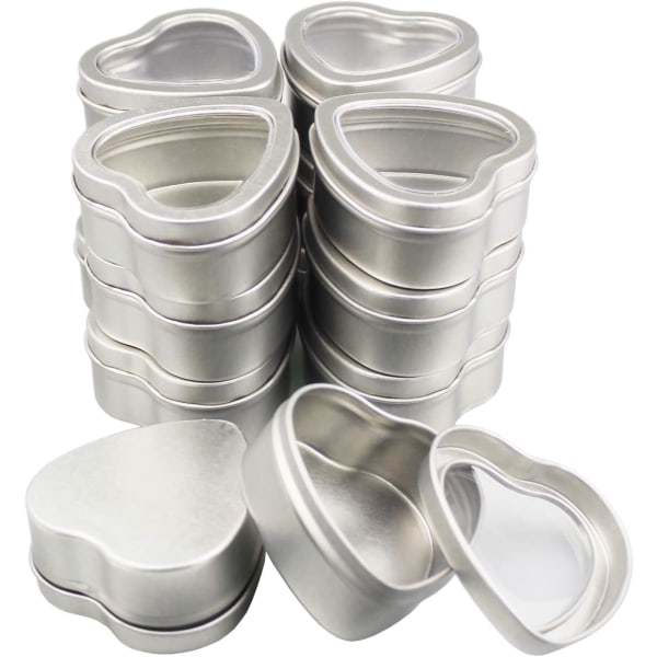 14-pack 60 ml tomma hjärtformade silvermetallburkar med genomskinligt fönster för ljustillverkning, godis, presenter och skatter