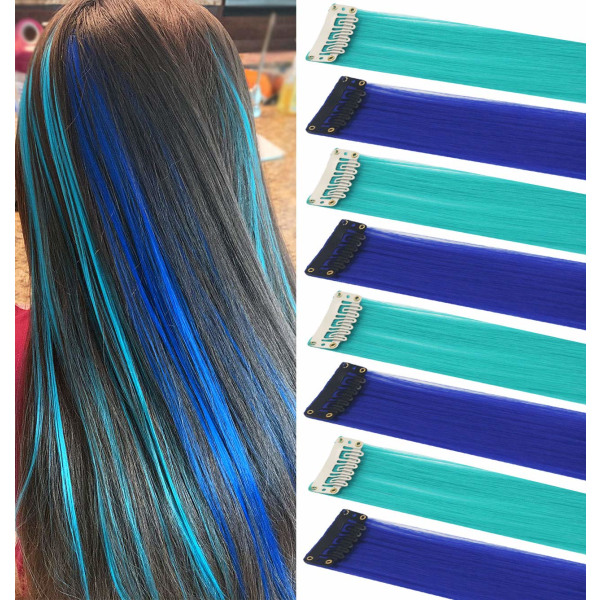 12 STK Princess Party Highlight blå blågrønne hårstykker Farvet hårforlængelse klips ind/på til amerikanske piger parykstykker til børn (blå + blågrøn)