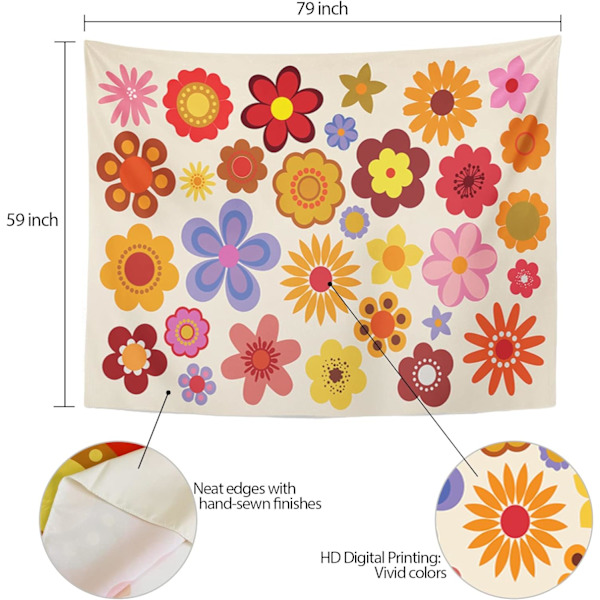 Tapestry Green 1960 Vintage Flowers 60S 70S Orange Hippie Psychedelic Koti Dekor Seinävaate