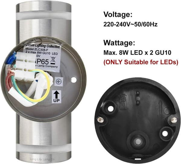 2 x Udendørs Væg Uplight/Downlight IP65 Transparent Diffuser Rustfrit Stål ZLC308-F Kun til LED GU10 Pære