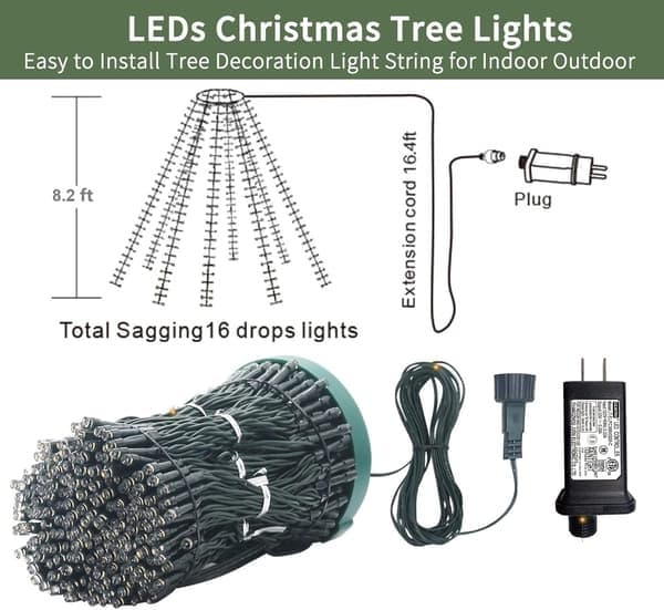 Plug-in julgransbelysning vattenfall med ring, 2 m, 16 slingor, 400 LED, grön kabel, dimbar