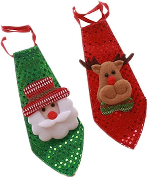Julslips för barn 2-pack, julslipsar som lyser, paljettförknutna elastiska slipsar, för män pojkar julfestdräkt (grön och röd)