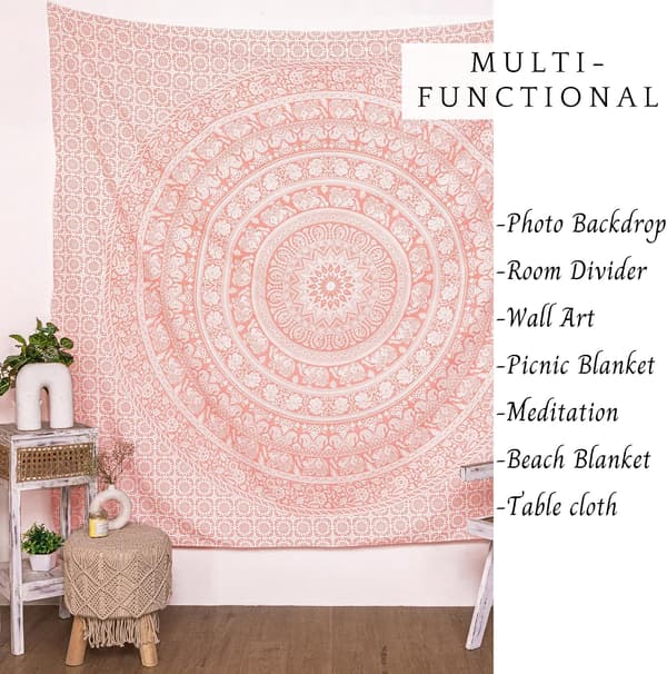 Bohemisk Mandala Tapestry Roséguld Bomull Väggbonad med Boho Elefantdesign för Sovrum, Sovsal, Heminredning 130x200 cm