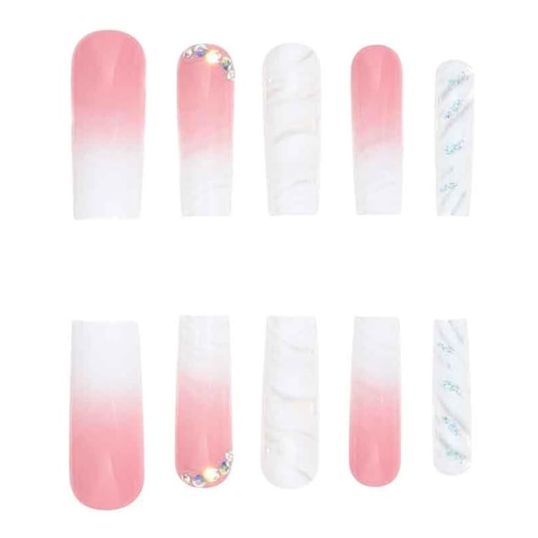 Ombre Pink White Tryk på Negle Lang Firkantet, Glitter Falske Negle med Rhinestones Design Gel Lim på Negle