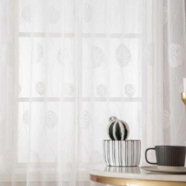 Gardiner Gennemsigtig Voile Blomsterbroderi Øjet Gardiner Transparent Gardin 2 Stk Øjet Gardin Gardinpar Vinduesgardin Til Stue Soveværelse White 140*225cm