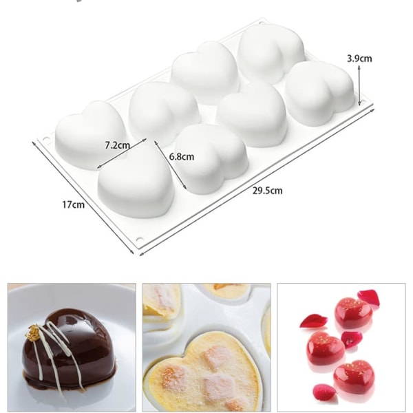 Hjerteformet sjokoladefondantform, flerkubsform, silikonform for baking av sjokoladekake og til å lage 3D håndlagde stearinlys (2 stk.)