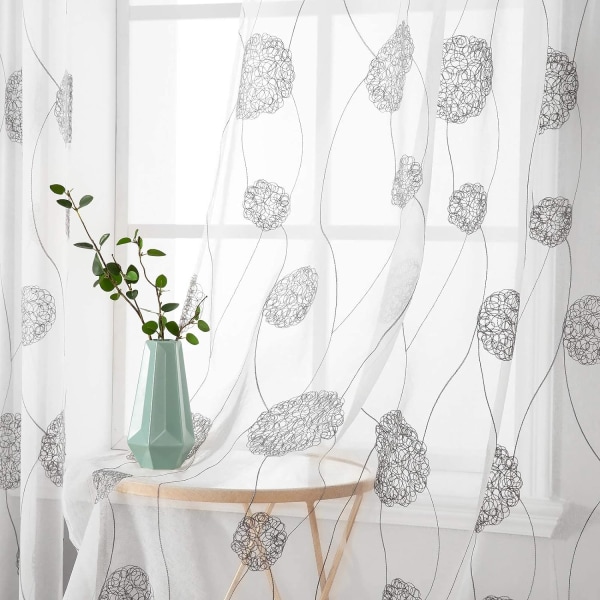 Gardiner Gennemsigtig Voile Blomsterbroderi Øjet Gardiner Transparent Gardin 2 Stk Øjet Gardin Gardinpar Vinduesgardin Til Stue Soveværelse Brown 140*260cm