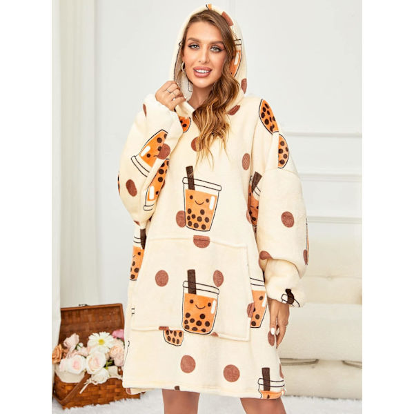 Oversized bærbare tæpper, blødt plys trykt Sherpa tæppe sweatshirt med lommer, one size fits all Milk Tea
