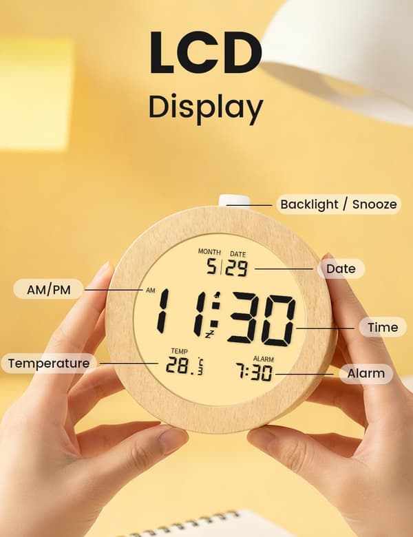 Digital väckarklocka, sängklocka i trä med temperatur- och datum-LCD-display, 3 AAA-batterier (batterier ingår ej)