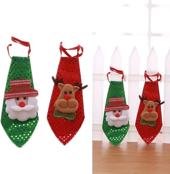 Julslips för barn 2-pack, julslipsar som lyser, paljettförknutna elastiska slipsar, för män pojkar julfestdräkt (grön och röd)