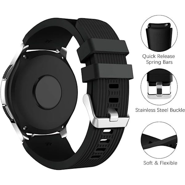 Rem för Samsung Galaxy Watch 3 45mm/Galaxy Watch 46mm/Huawei GT 2 46mm, 22mm mjuka silikon sportarmband ersättning svart