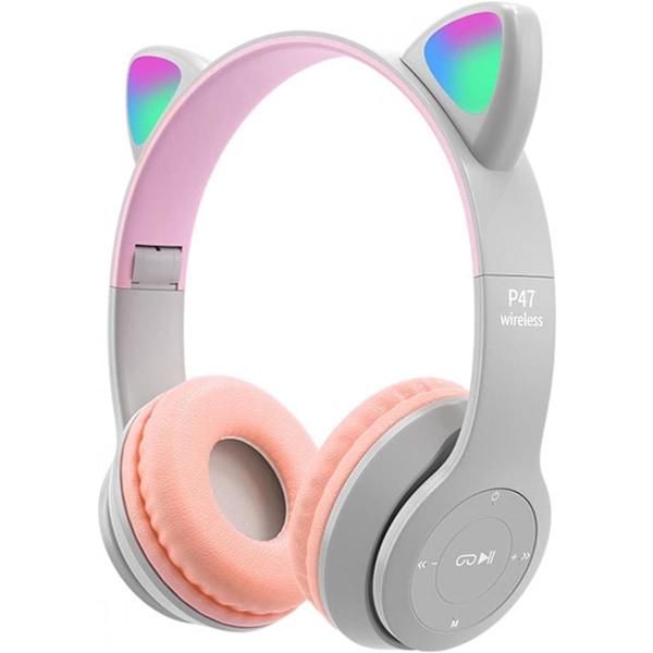 Trådløse gaming hovedtelefoner, Bluetooth 5.0 foldbart trådløst gaming headset til børn voksne katteører med LED-lys (grå og pink)