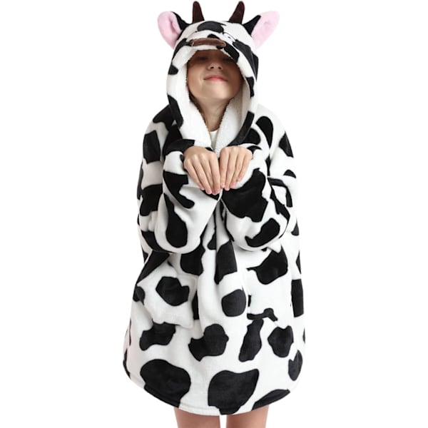 Oversized hettegenser teppe for barn myk varm koselig bærbar teppe genser fleece sherpa teppe med lommer Cow