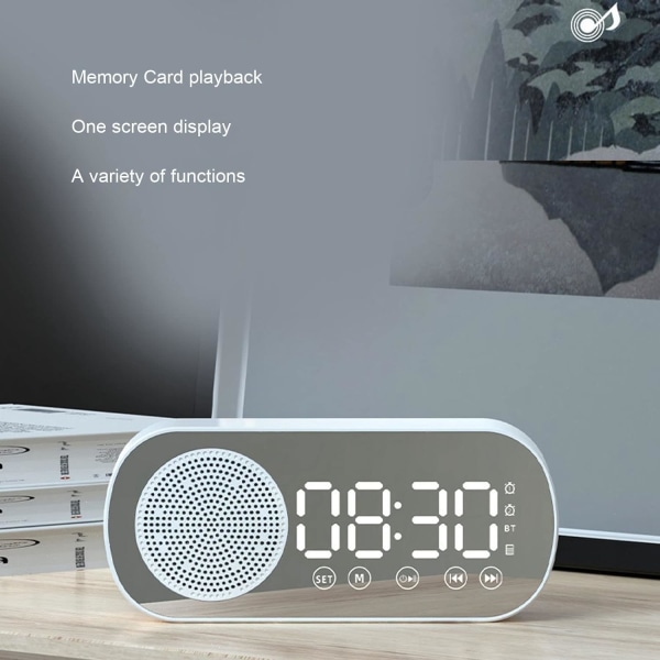 Digital väckarklockradio, Bluetooth V5.0 Hi-Fi-högtalarspegelklocka Dubbel väckarklocka Snooze FM-radio, Micro USB 1600mAh batteri