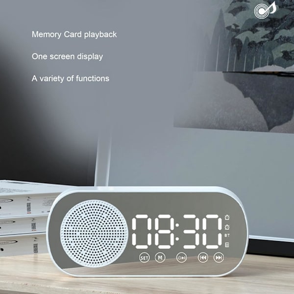 Digital vekkerklokke radio, Bluetooth V5.0 Hi-Fi høyttaler speilklokker dobbel alarmklokke slumre FM-radio, mikro-USB 1600mAh batteri