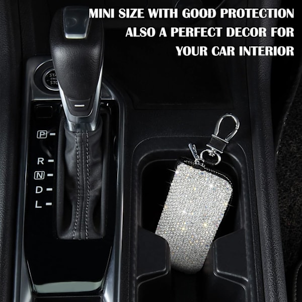 Bling Crystal Bilnyckel Fodral Äkta Läder Auto Smart Nyckelring Hållare Metallkrok och Nyckelring Dragkedja Väska för Fjärrkontroll