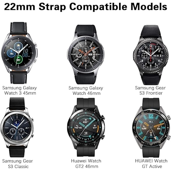 Rem til Samsung Galaxy Watch 3 45mm/Galaxy Watch 46mm/Huawei GT 2 46mm, 22mm bløde silikone sport armbånd udskiftning sort