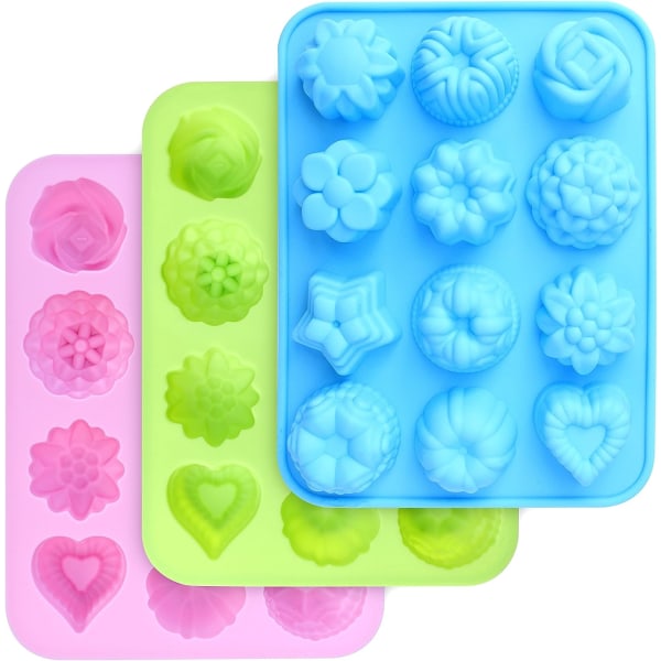 Food Grade Silicone Flowers Molds, Baking Pan with Flowers and Heart Shape Non-Stick Approved 3-Pack Silicone Molds for Candy , Jelly, Ice Cube
