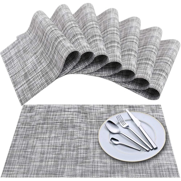 Placemat (Set of 8), Woven Vinyl Cross Weave Table Mats, Non-Slip Insulated Washable Table Mat Set - Gray White