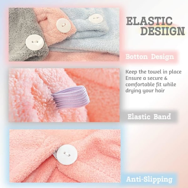Mikrofiber Hårhanddukar, Superabsorberande Snabbtorkande Turban med Knapp, Hårmössa för Långt, Lockigt och Tjockt Hår, Idealisk för SPA och Smink