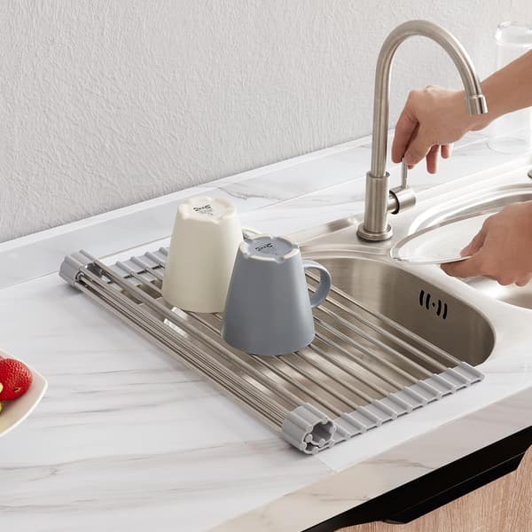Rull opp oppvaskstativ, SUS304 Over The Sink Multipurpose Roll-Up Oppvaskstativ, Grå