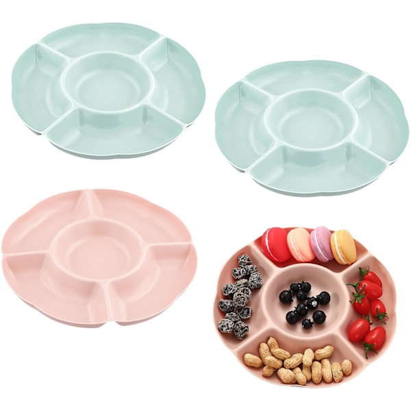 Gjenbrukbar Snacktallerken, Snackbrett, Frukttallerkener med 5 Rom, Tallerkener for Oppbevaring av Søtsaker Snacks Nøtter Frukt, 4 Stykker
